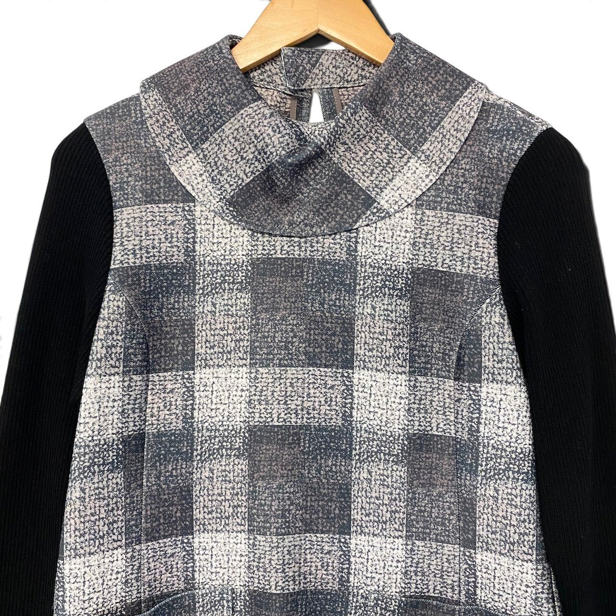 1j22 【美品】FOXEY NEW YORK フォクシーニューヨーク ロングスリーブカットソー 異素材切替 リブニット チェック柄 トップス 38サイズ レディース 女性用u02t