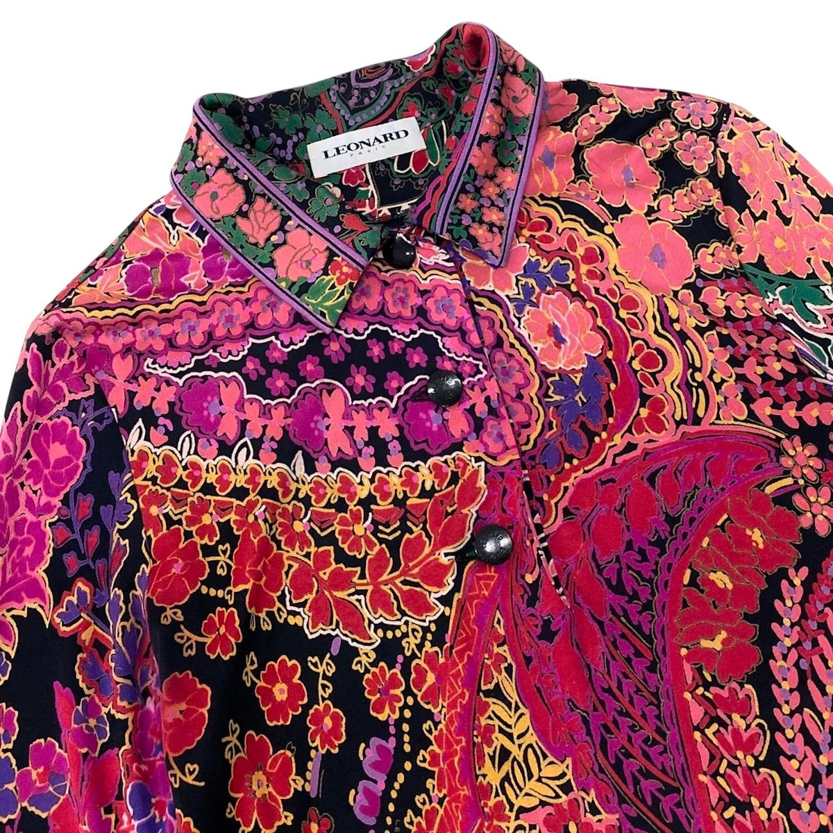 2i28 LEONARD レオナール ロングスリーブポロシャツカットソー 花柄プリント トップス 40サイズ マルチカラー レディース 女性用u02t