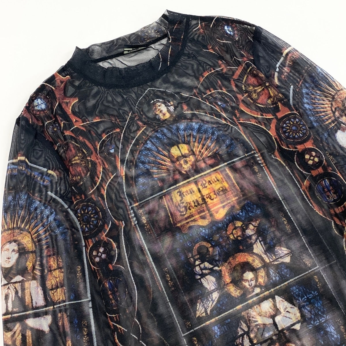 Ae14 Jean Paul GAULTIER FEMME ジャンポールゴルチエ パワーネット メッシュトップス ロングスリーブ カットソー 総柄 ブラック レディース 女性服k02i
