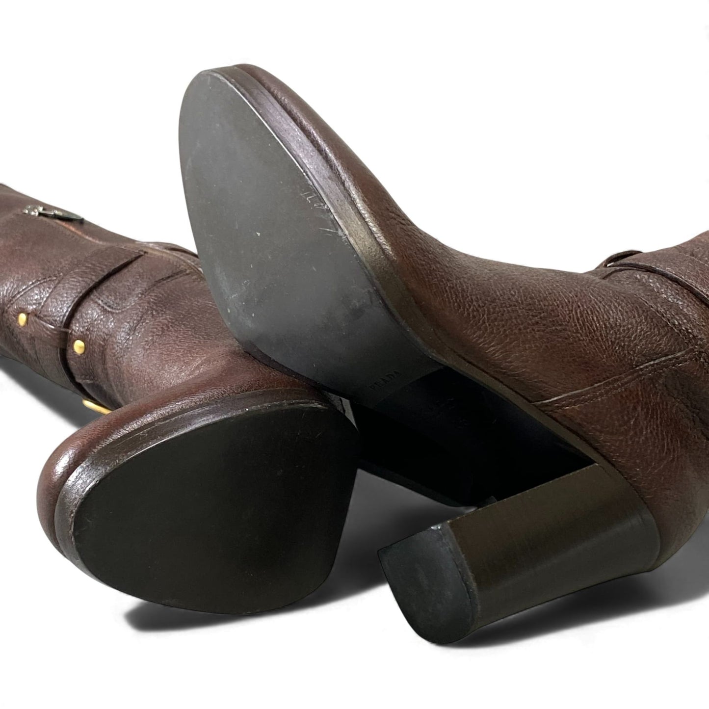 1L11 PRADA プラダ ロゴ入り ゴールド金具 チャンキーヒール サイドジップ ブーツ サイズ35 ブラウン レザー レディース 女性用 靴k02i