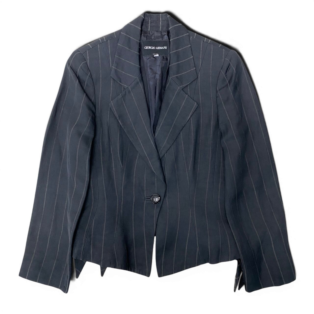 89g20 GIORGIO ARMANI ジョルジオアルマーニ テーラードジャケット アシンメトリーヘム ストライプ柄 サイズ40 ネイビー レディースu02t