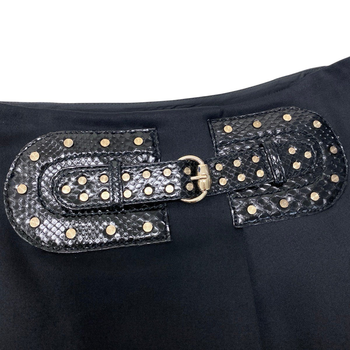 If12 GUCCI グッチ スタッズ装飾 レザーベルト 膝丈スカート ストレッチ 165667 サイズ46 ブラック レディース 女性用t18r
