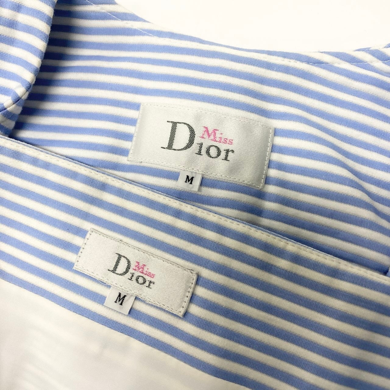 83c27 Miss Dior ミスディオール スカートセットアップ 半袖ジャケット タイトスカート ボーダー Mサイズ ブルー ホワイト コットン100％ レディース 女性用o07t