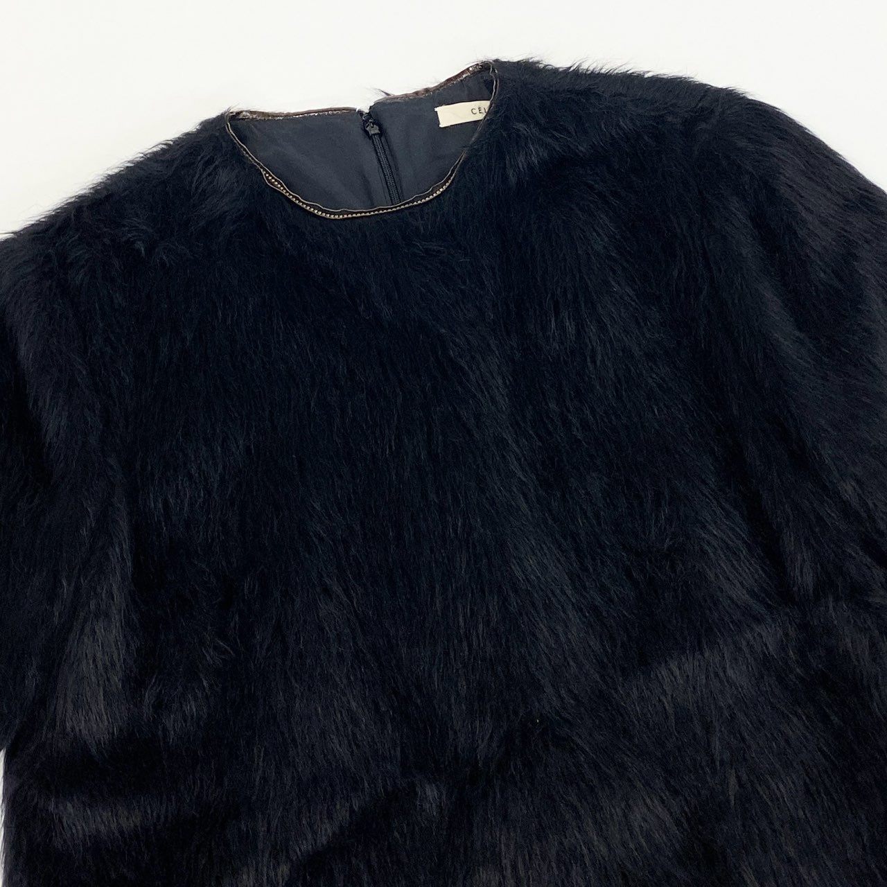 68b11【美品】CELINE セリーヌ フィービー期 アルパカウールブラウス ファーカットソー 半袖カットソー トップス 36サイズ ブラック レディース 女性用k02i