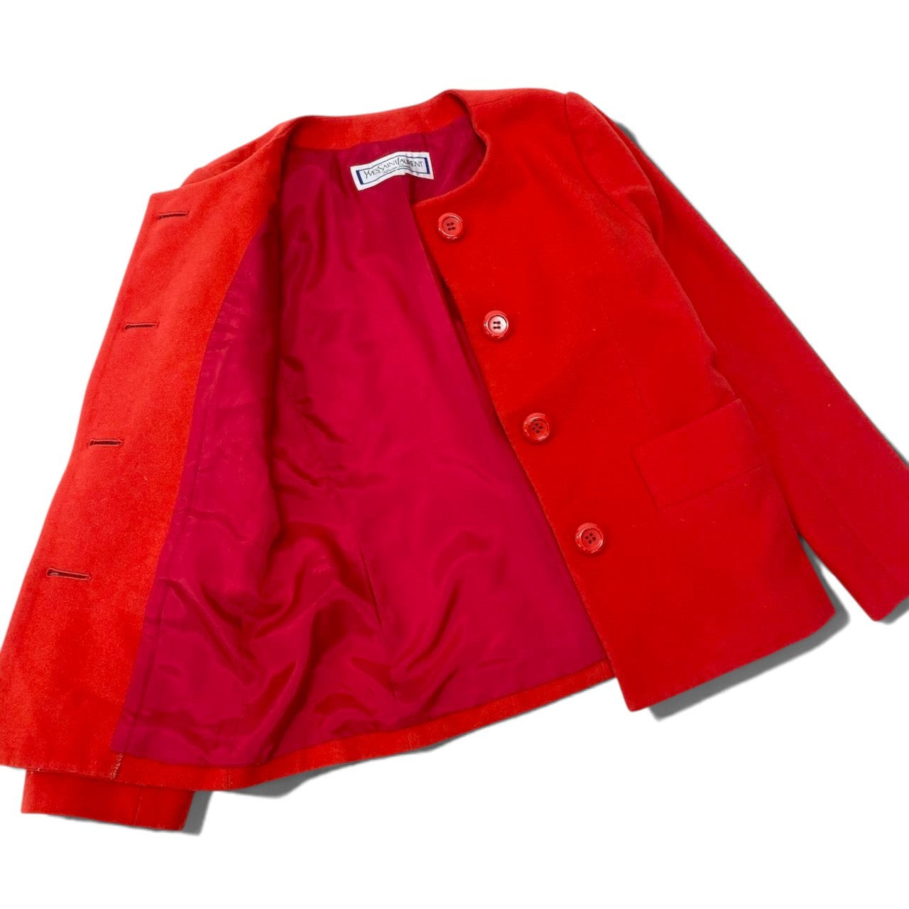 29h31 YVES SAINT LAURENT イヴサンローラン ノーカラージャケット ウールジャケット サイズ 9A3 レッド レディースo07t