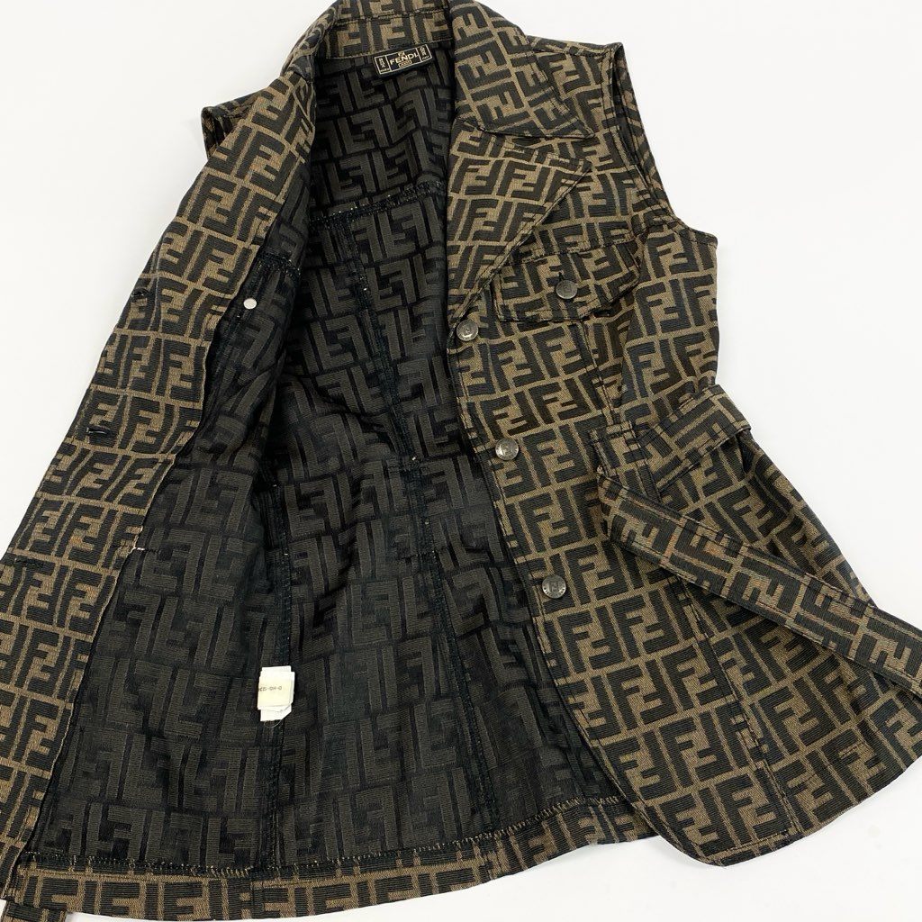 32l24【美品】FENDI フェンディ Vintage ズッカ柄 セットアップ ボトムパンツ ジャケットベスト 42サイズ ベージュ ブラック レディースk02i