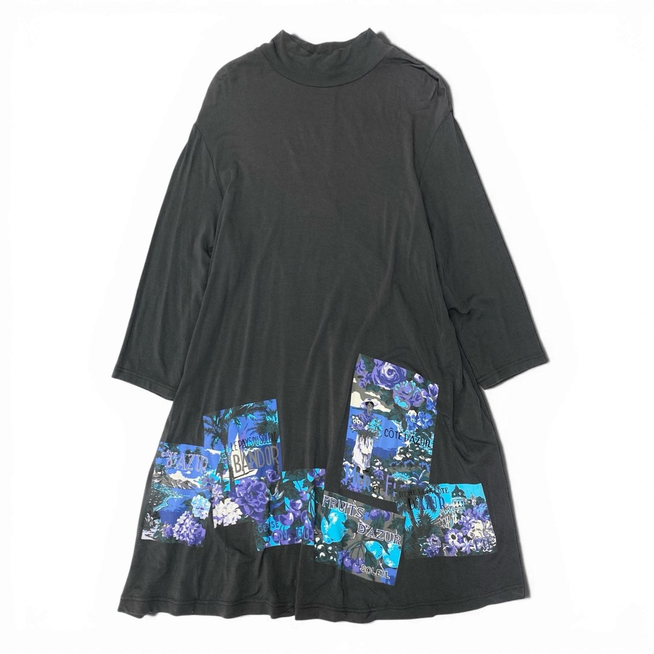 38c2 TOKUKO 1er VOL トクコプルミエヴォル チュニックワンピース 7分袖 モックネック 花柄プリント ストレッチ レディース 女性服 サイズ9 ダークグレーu02t