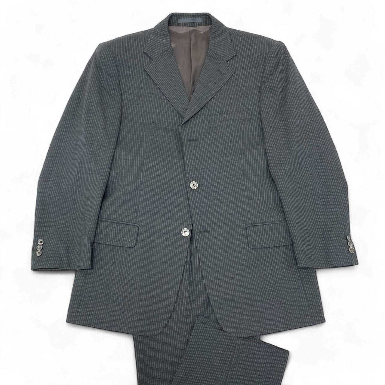 28k6 VERSACE COLLECTION ヴェルサーチ コレクション セットアップ スーツ ビジネス フォーマル 裏地総柄 ストライプ 48 グレー ウール メンズo07t