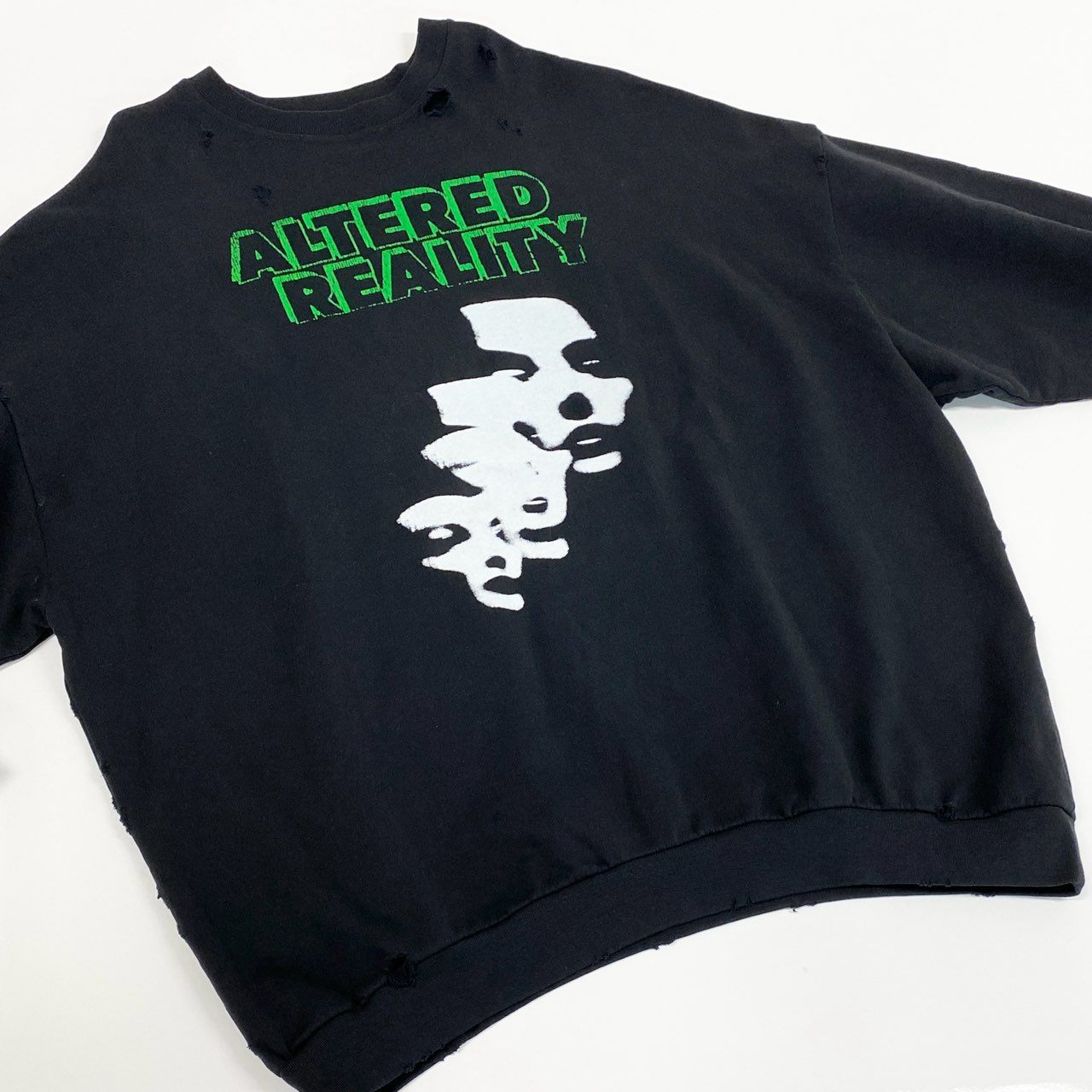 57a13 RAF SIMONS ラフシモンズ AW22 Destroyed crew neck sweater Altered  オーバーサイズ スウェットトレーナー ダメージ加工 メンズ 222-M168-13 サイズ2 ブラック コットン100％o07t