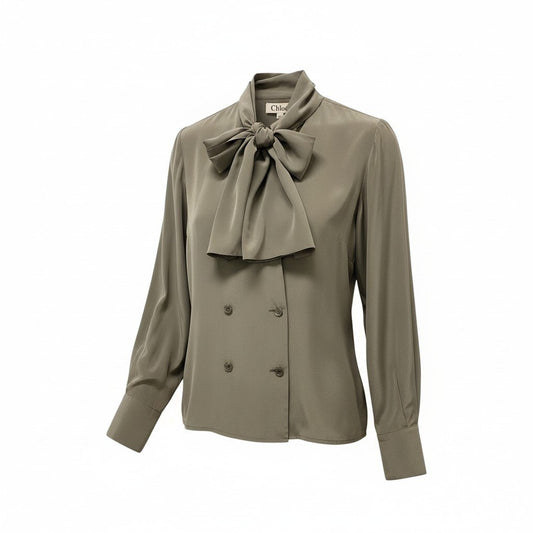 11c29 Chloe クロエ ボウタイ シルクブラウス ダブルブレスト シャツジャケット ロングスリーブ レディース 女性服 サイズ40 グレー 絹100％u02t