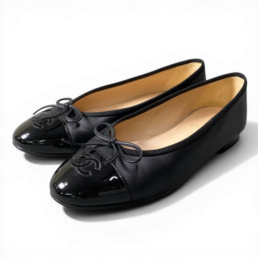 CHANEL シャネル G02819 ココマーク パテント切替 バレエシューズ フラットシューズ サイズ38C ブラック パンプス レディースk02i