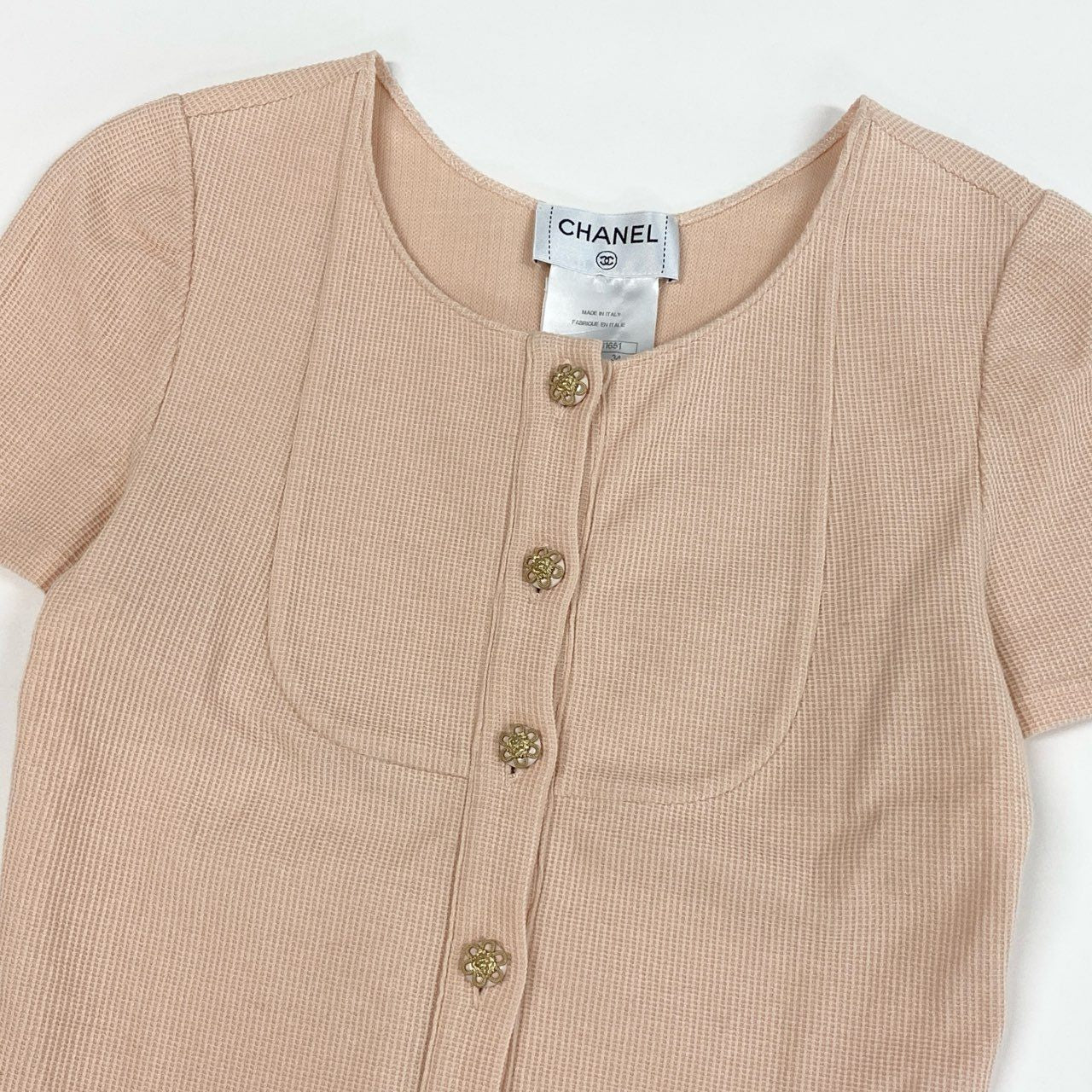 60a14 CHANEL シャネル P51842 2015SS タイトフィット 半袖カーディガン トップス サイズ34 ピンク系 コットン/ナイロン/スパンデックスta1