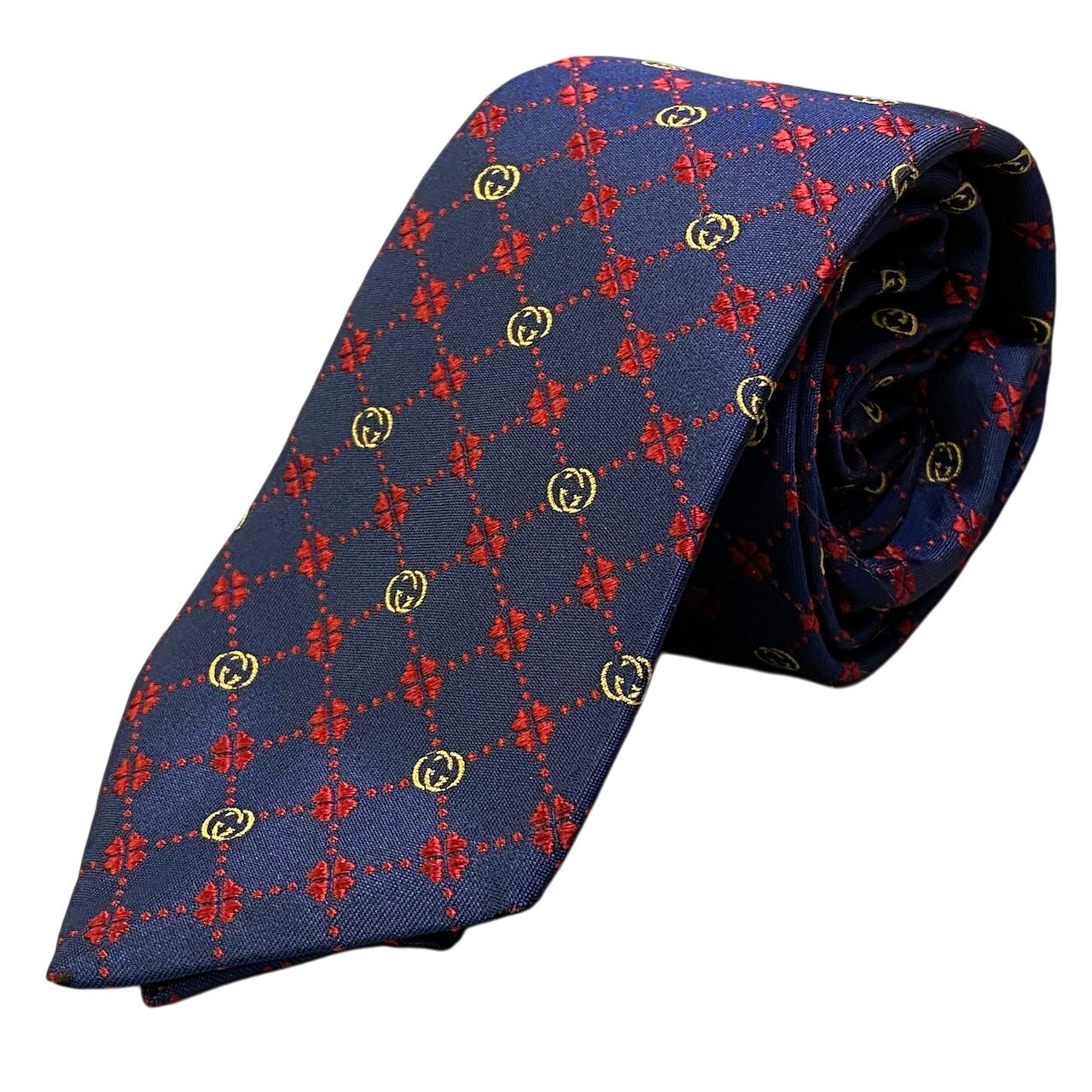 e16 GUCCI グッチ ネクタイ インターロッキングG クローバー ネイビー メンズ 男性用u02t