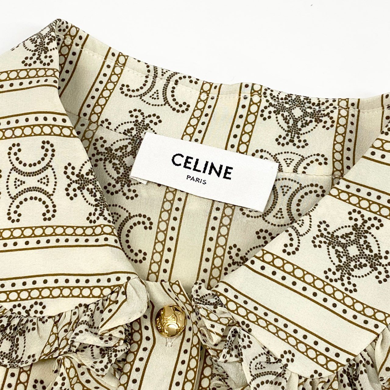 35e2 【新品】2024SS CELINE セリーヌ クレープ ド シーヌ フリルブラウス 長袖フリルシャツ トリオンフ サイズ38 シルク100 レディース 女性用 トップス シルクシャツ