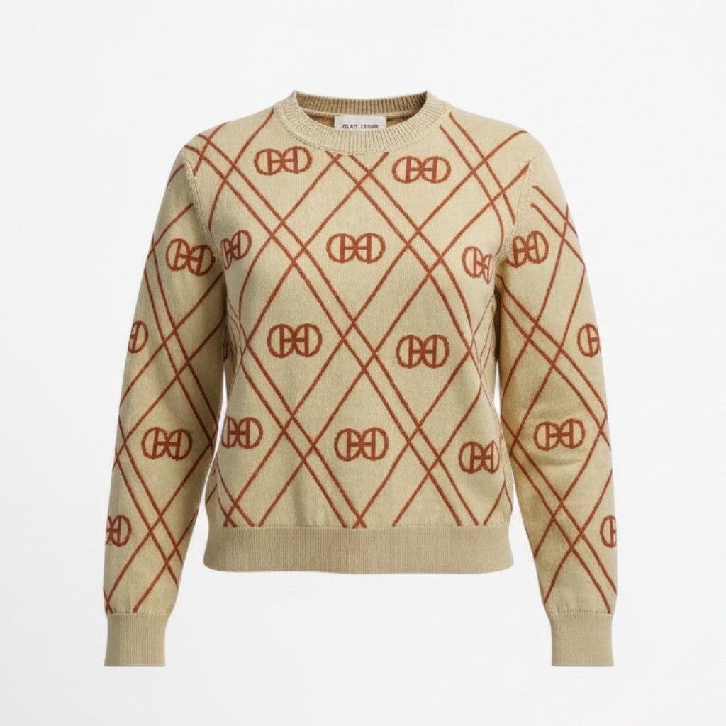 29a9 HERMES エルメス Hロンド カシミヤ ニットセーター クルーネック 総柄 長袖 レディース 女性用 2E2632DT 34 ベージュ カシミア100％o07t