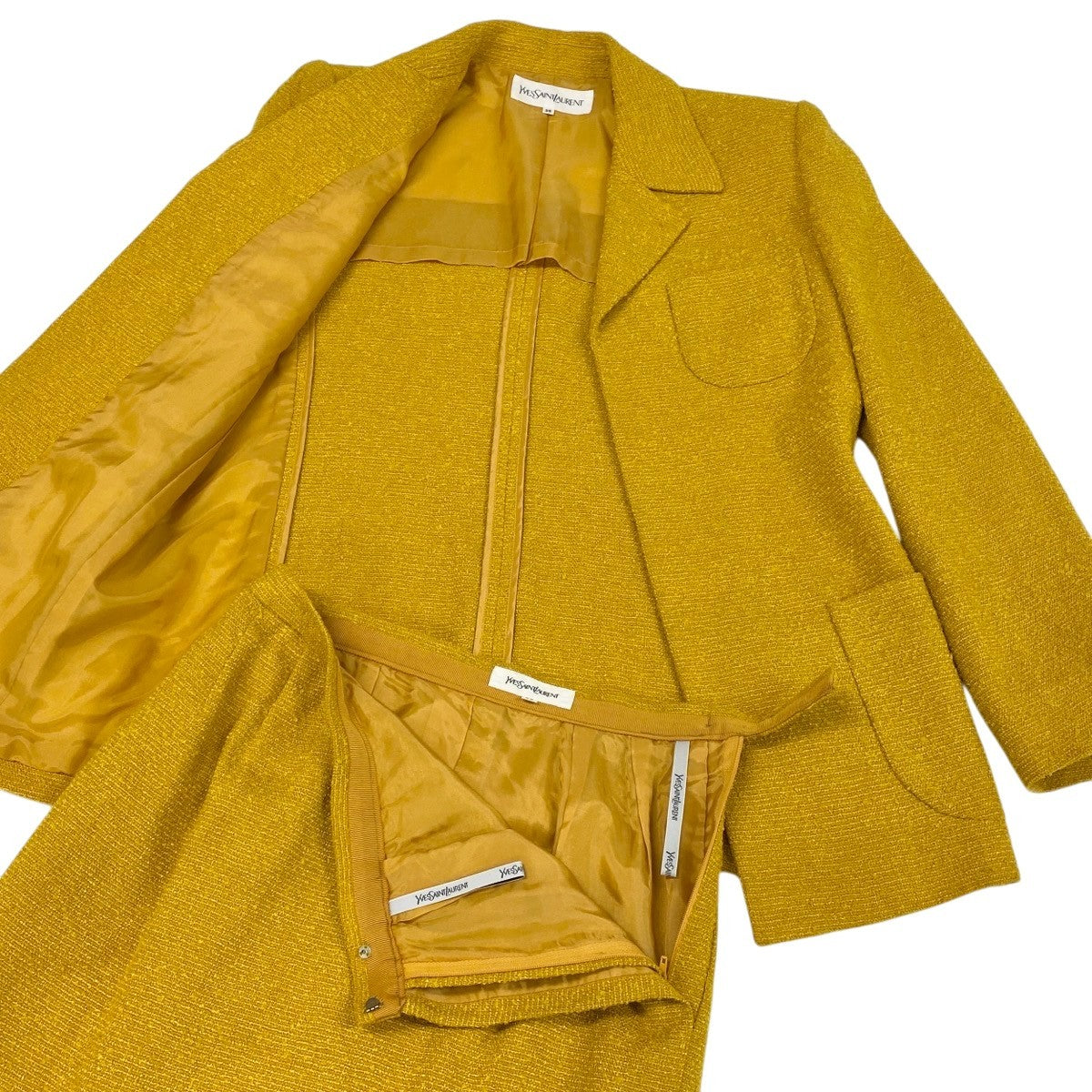2g2 【美品】 YVES SAINT LAURENT イヴサンローラン セットアップ スカートスーツ ツイードジャケット サイズ36 イエロー系 レディースu02t