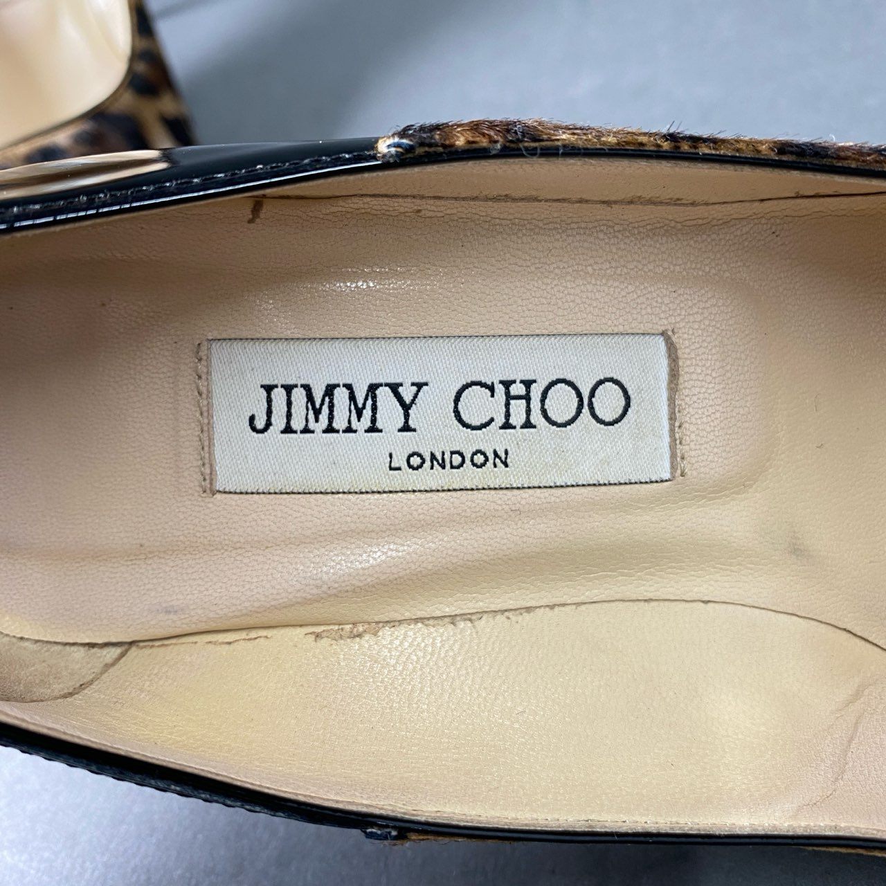 1d4 JIMMY CHOO ジミーチュウ レオパード ハラコ パンプス 36 1/2 ブラック ブラウン パテントレザー シューズ イタリア製 箱有