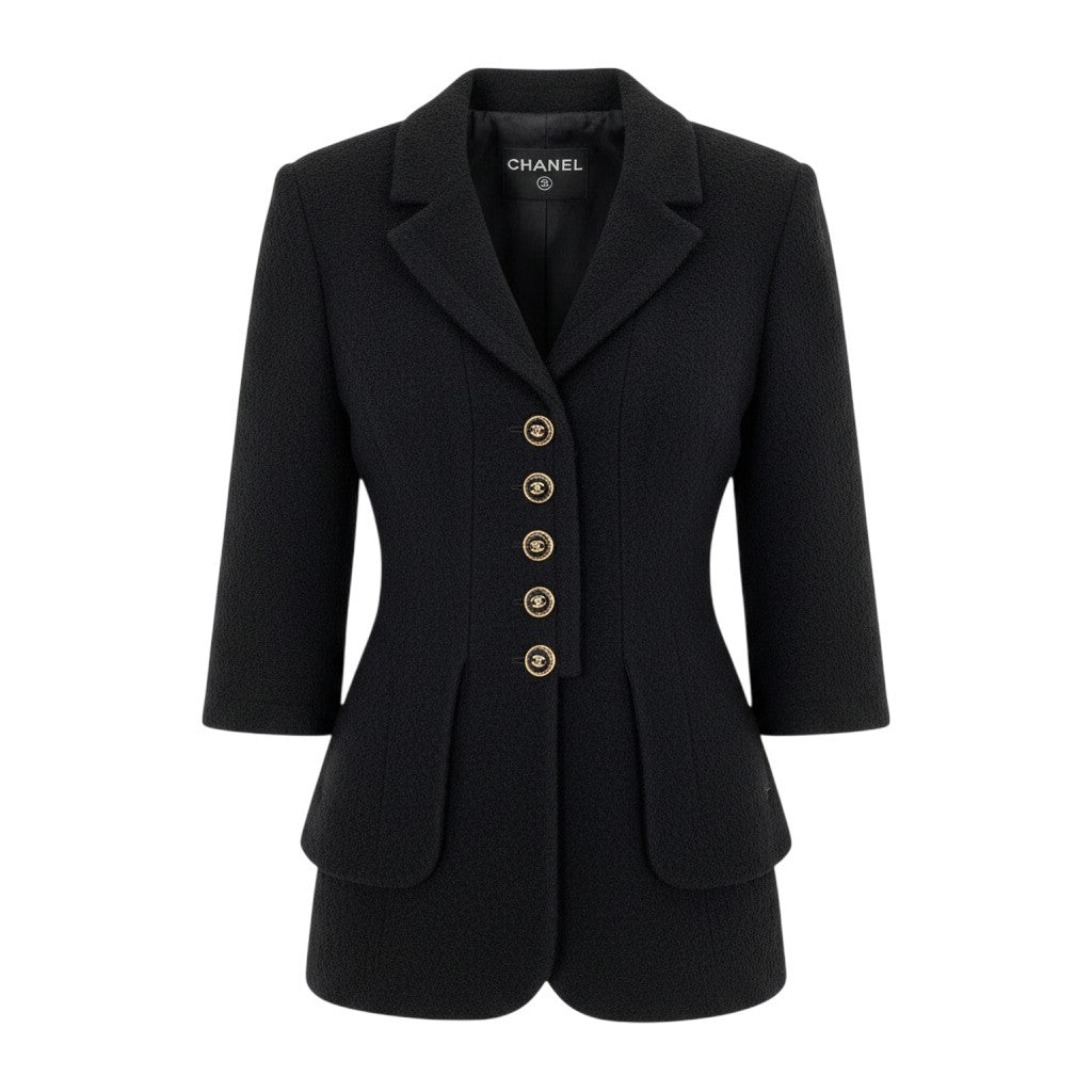 g13 【美品】CHANEL 2007年 クロップドツイードジャケット ココマーク P30567 38サイズ ブラック レディース 女性用k02i