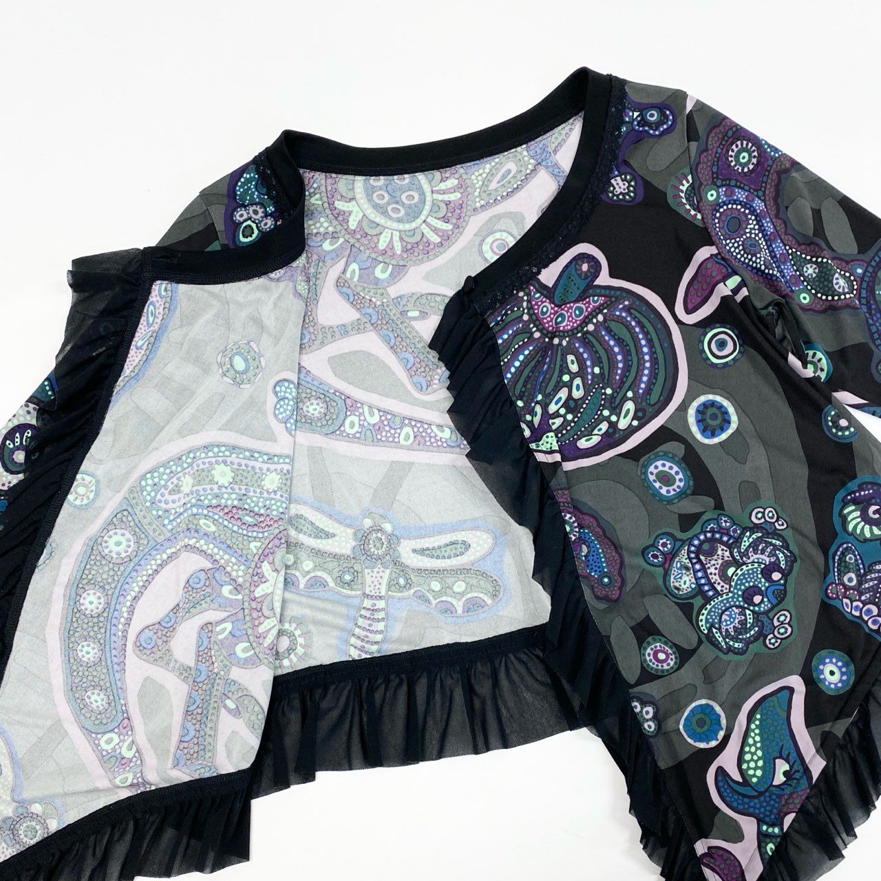 51b27 【美品】 TOKUKO 1er VOLトクコプルミエヴォル ロングスリーブ カーディガン トップス 七分袖 フリル 総柄プリント レディース 女性服 サイズ9 マルチカラーu02t