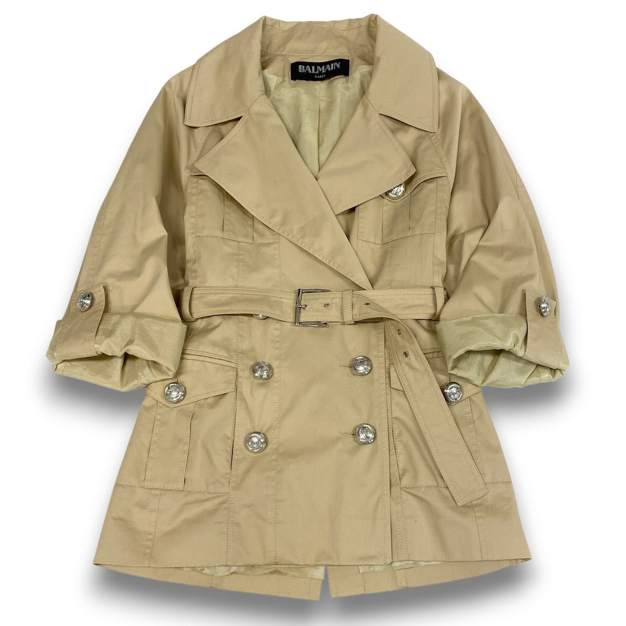 Ec24 BALMAIN バルマン ショートトレンチコート Short Trench Coat サイズ38 ベージュ スプリングコート 銀ボタンt18r