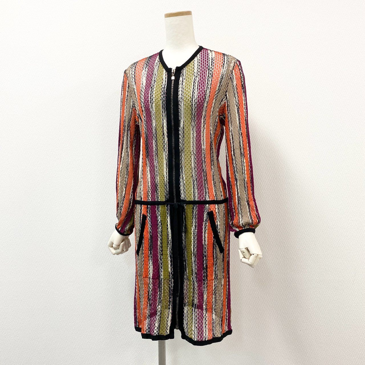 12f11 MISSONI ミッソーニ カギ編み ニットワンピース ジップアップ ロングカーディガン コート サイズ46 マルチカラー レディースk02i