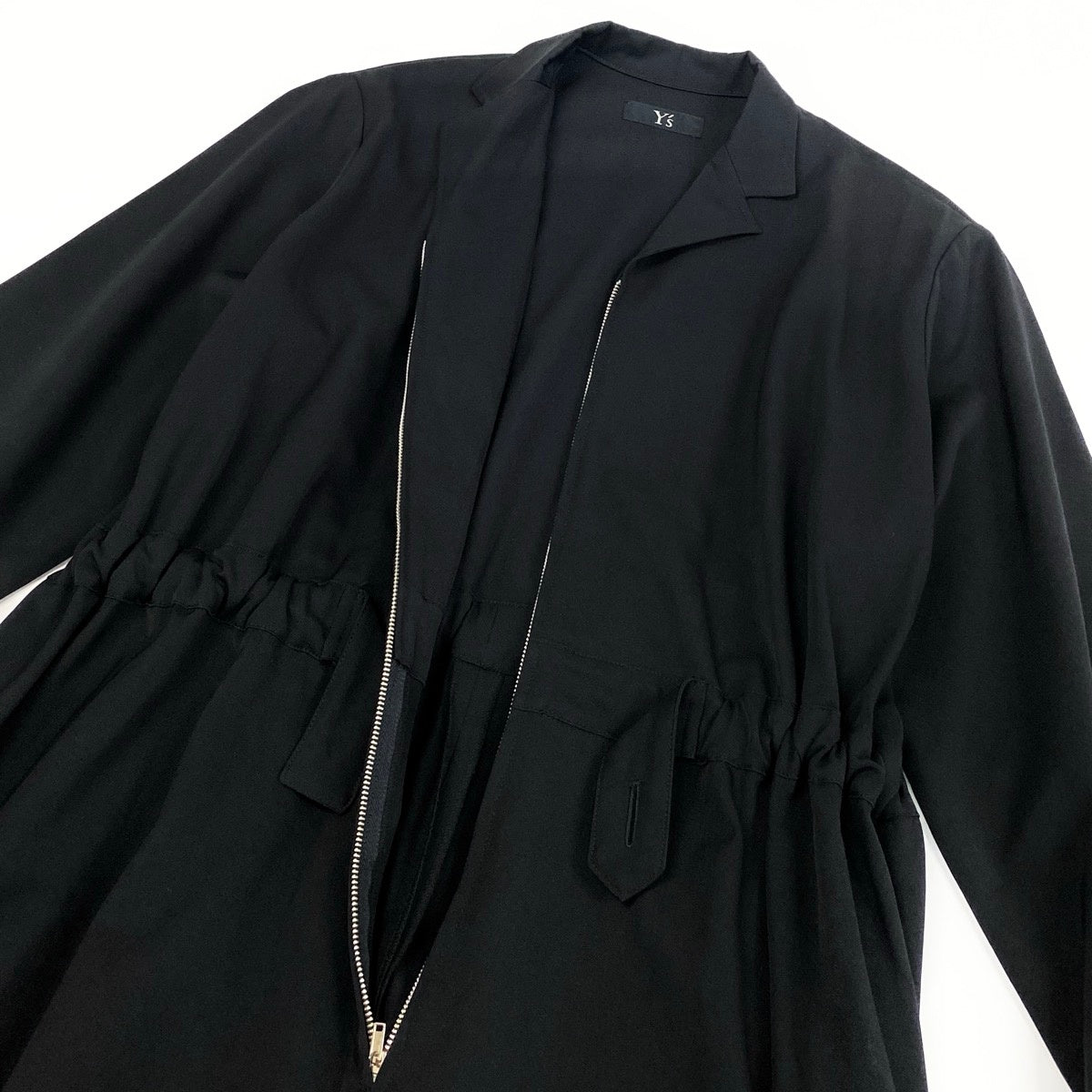 Ae25 【美品】 Y`s ワイズ YOHJI YAMAMOTO ヨウジヤマモト ギャバジン ウエストシェイプ ロングスリーブワンピース YF-D03-100 ブラック ウール100％ レディースta1
