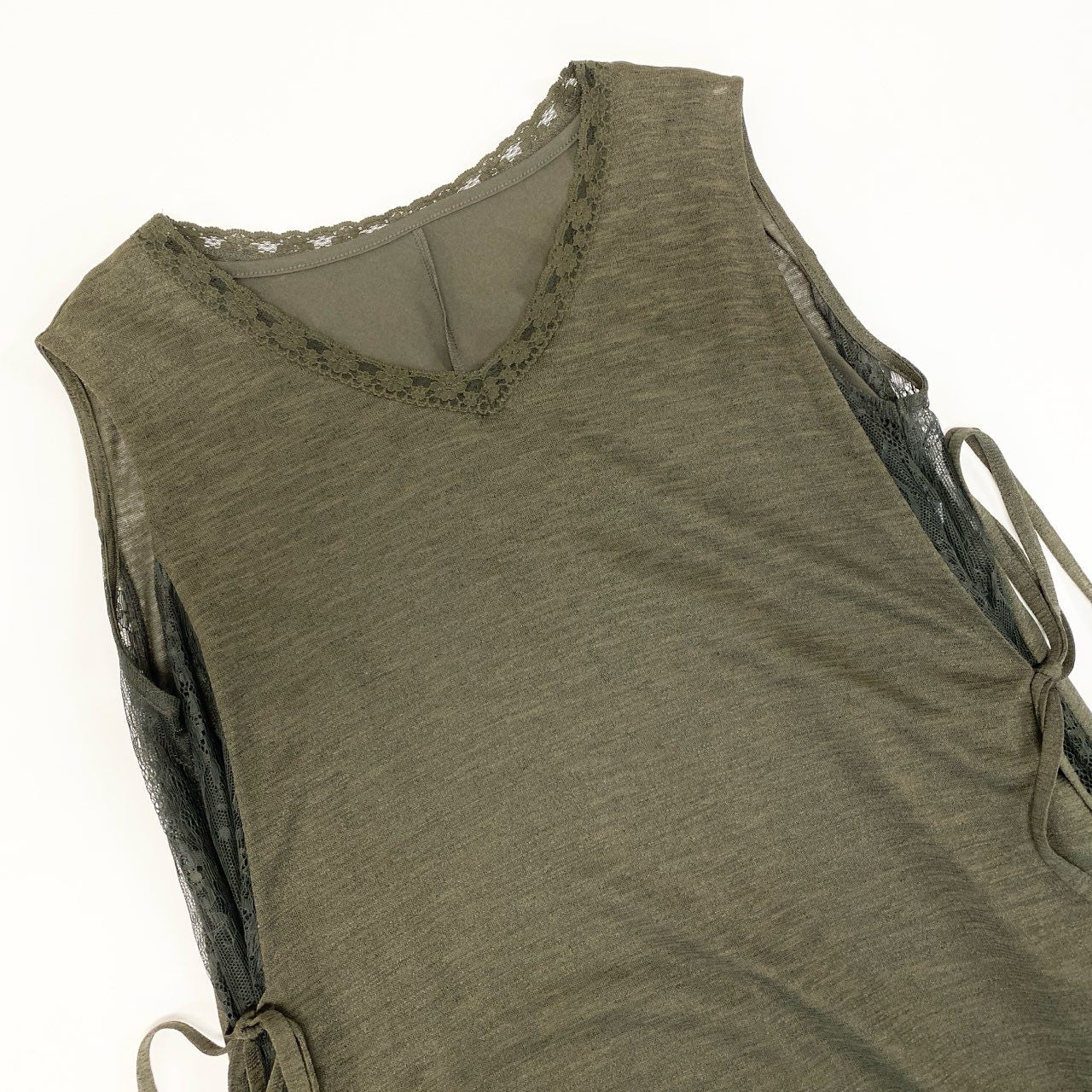 20L2《美品》 TOKUKO 1er VOL トクコプルミエヴォル ノースリーブワンピース フレアワンピース サイド花柄レース ウエストリボン○ レディース  9 カーキu02t