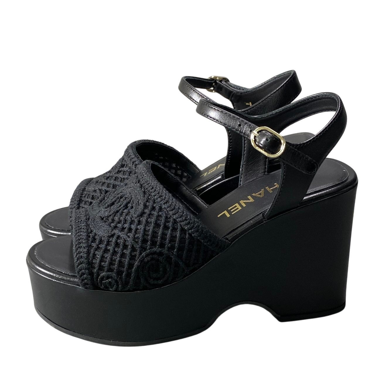 e13【美品】CHANEL 2025SS ウェッジソールサンダル 厚底 ココマーク メッシュ G46364 36Cサイズ ブラック レザー レディース 女性用k02i