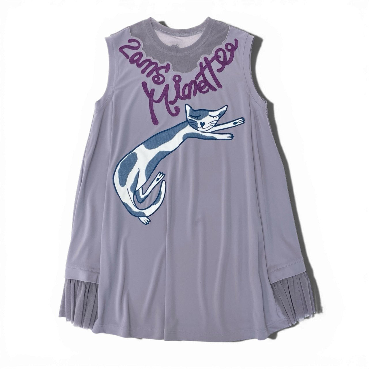 84b27 TOKUKO 1er VOL トクコプルミエヴォル ノースリーブワンピース Aラインワンピース 猫 刺繍 フリル切替 レディース 女性服 サイズ9 パープルu02t