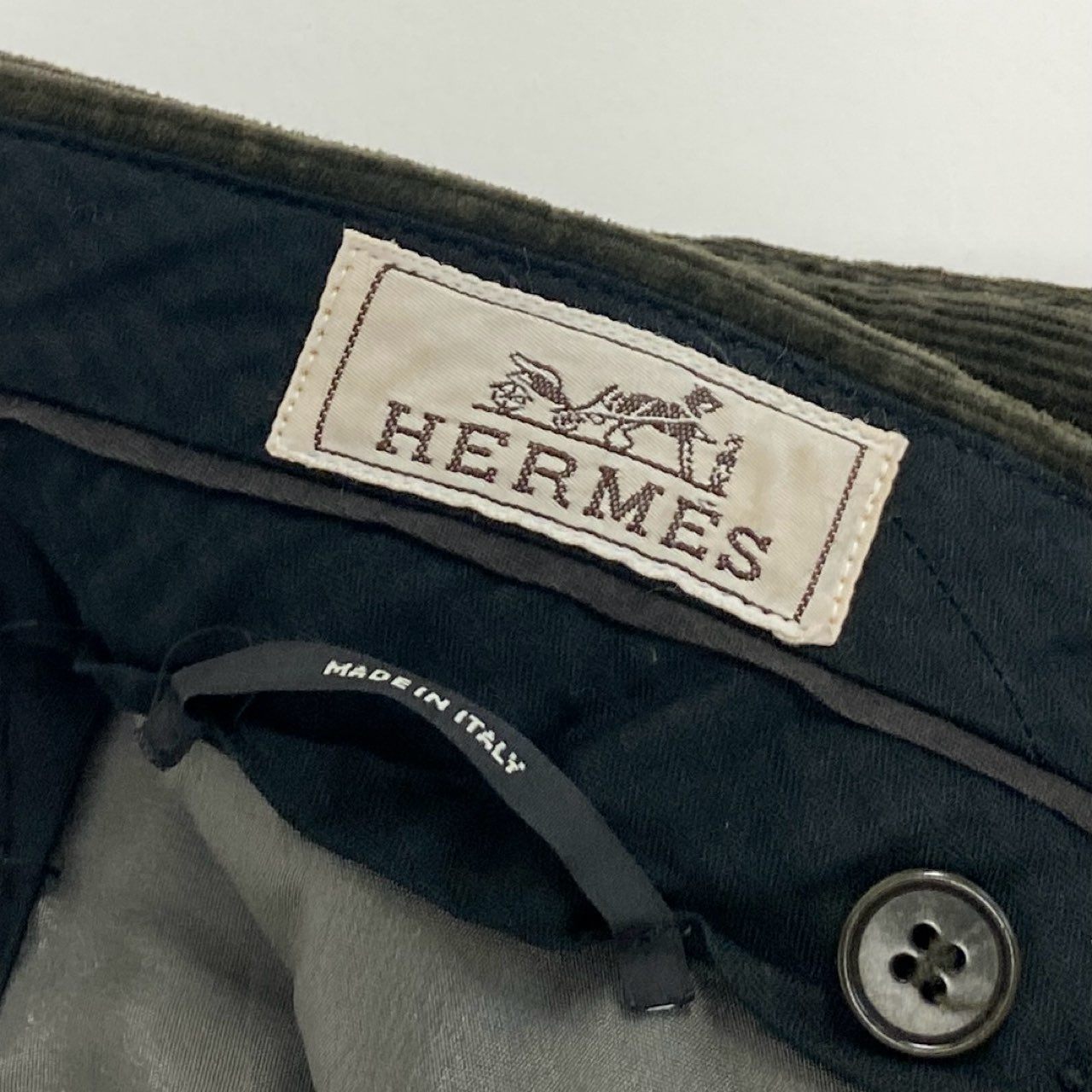 35i9 HERMES エルメス イタリア製 コーデュロイストレートパンツ ボトムス 42 カーキ オリーブ系 メンズk02i