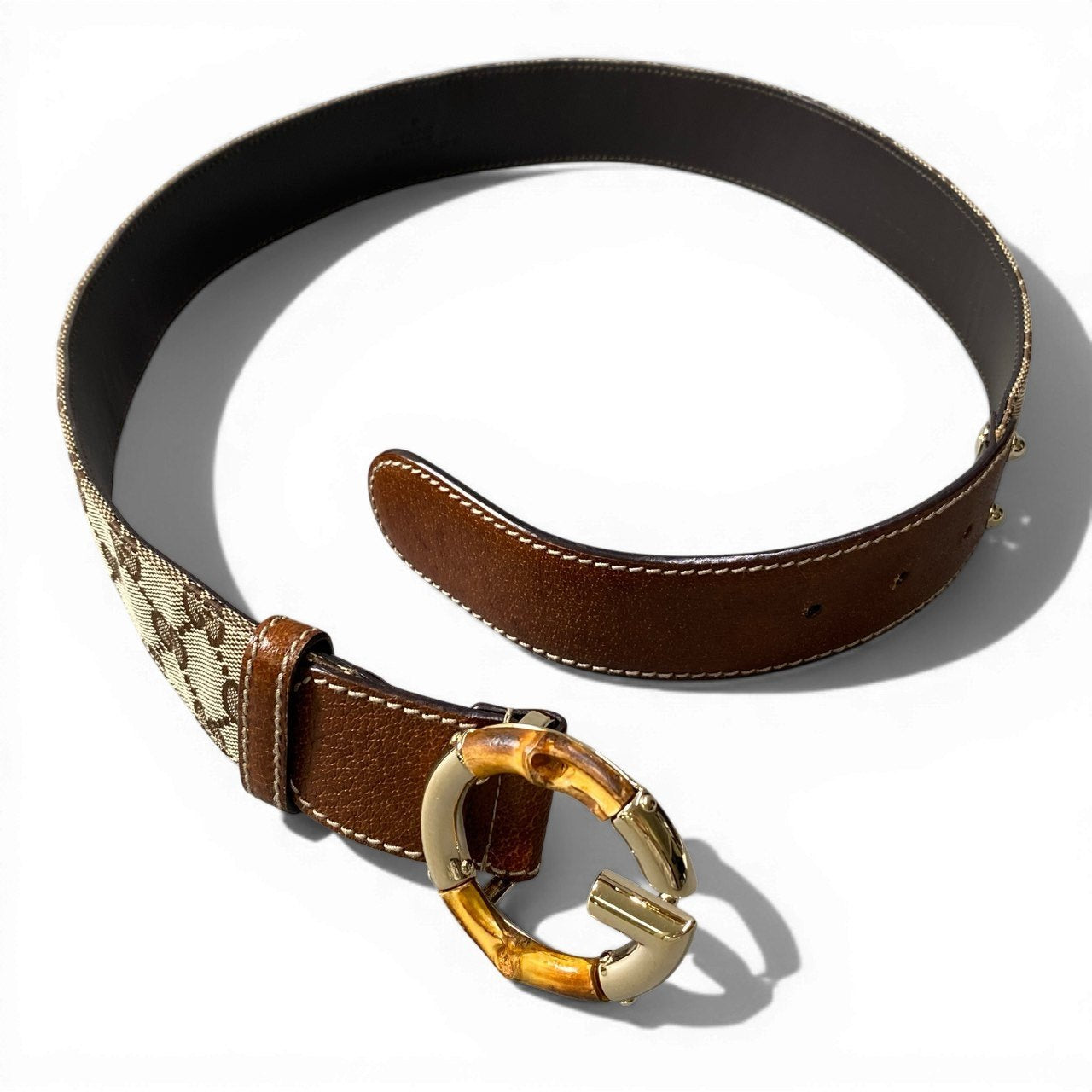 d9 GUCCI グッチ GGキャンバス バンブーバックル ベルト ベージュ系 レザー キャンバス レディースu02t