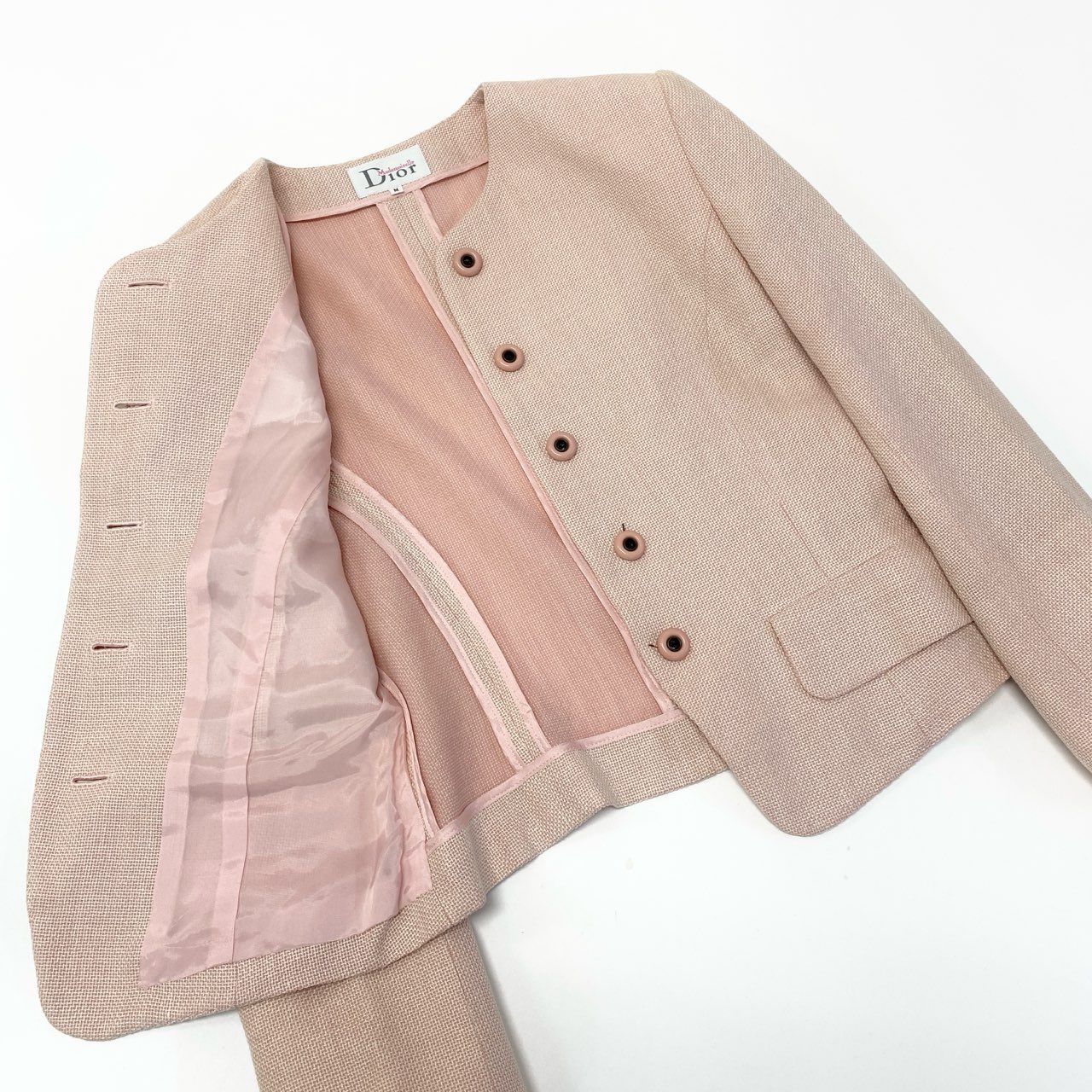 76a28 Vintage Dior Mademoiselle ディオール マドモアゼル クロップドジャケット スカート セットアップ 装飾ボタン M ピンク レディースu02t