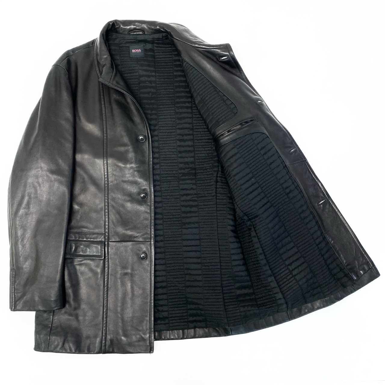 9a27 HUGO BOSS ヒューゴボス ラムレザーコート サイズL相当 ブラック シープスキン 羊革 Sheep Leather Coatt18r