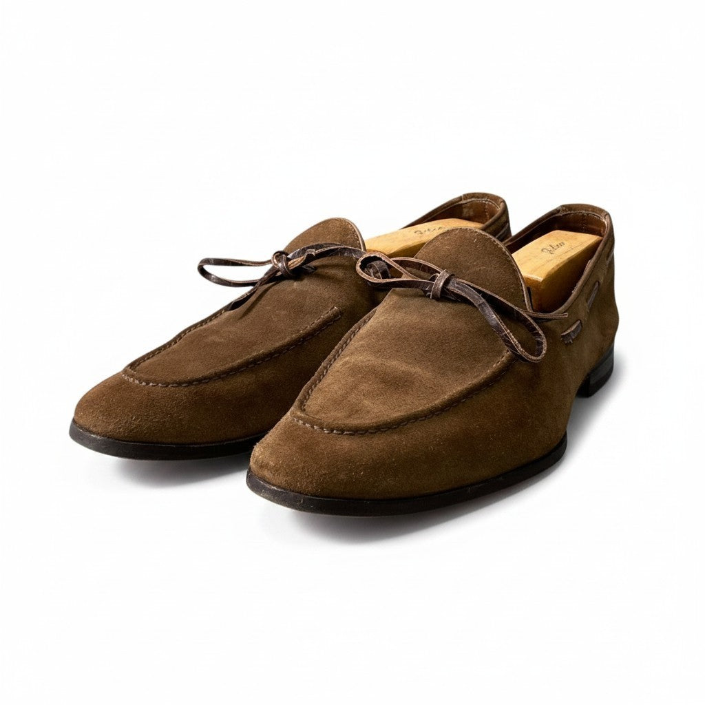 1f10 Santoni サントーニ リボンローファー スウェードレザーシューズ サイズ8 ブラウン メンズ 紳士靴u02t