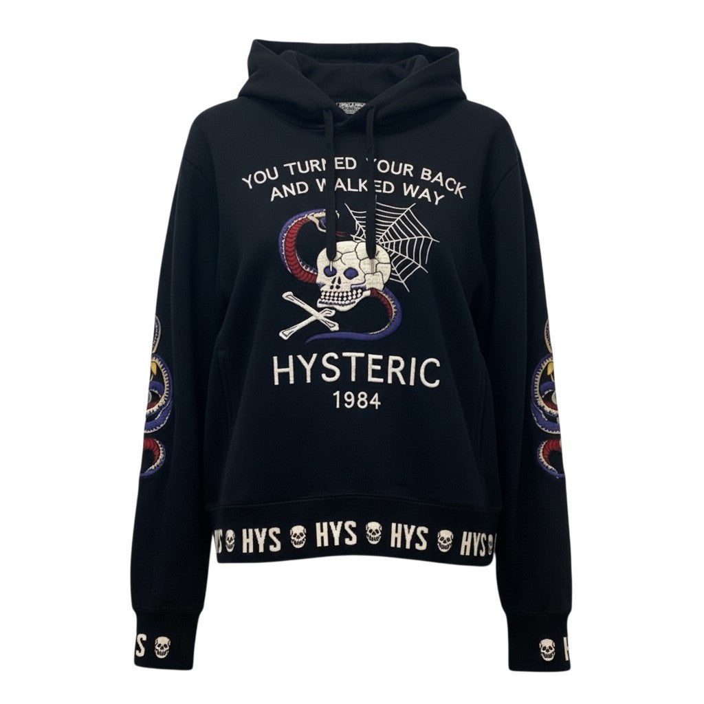 78b12 【美品】HYSTERIC GLAMOUR ヒステリックグラマー プルオーバーフーディー パーカー スカル 刺繍 トップス Mサイズ ブラック コットン100％ メンズu02t