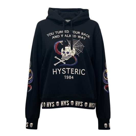 78b12 【美品】HYSTERIC GLAMOUR ヒステリックグラマー プルオーバーフーディー パーカー スカル 刺繍 トップス Mサイズ ブラック コットン100％ メンズu02t