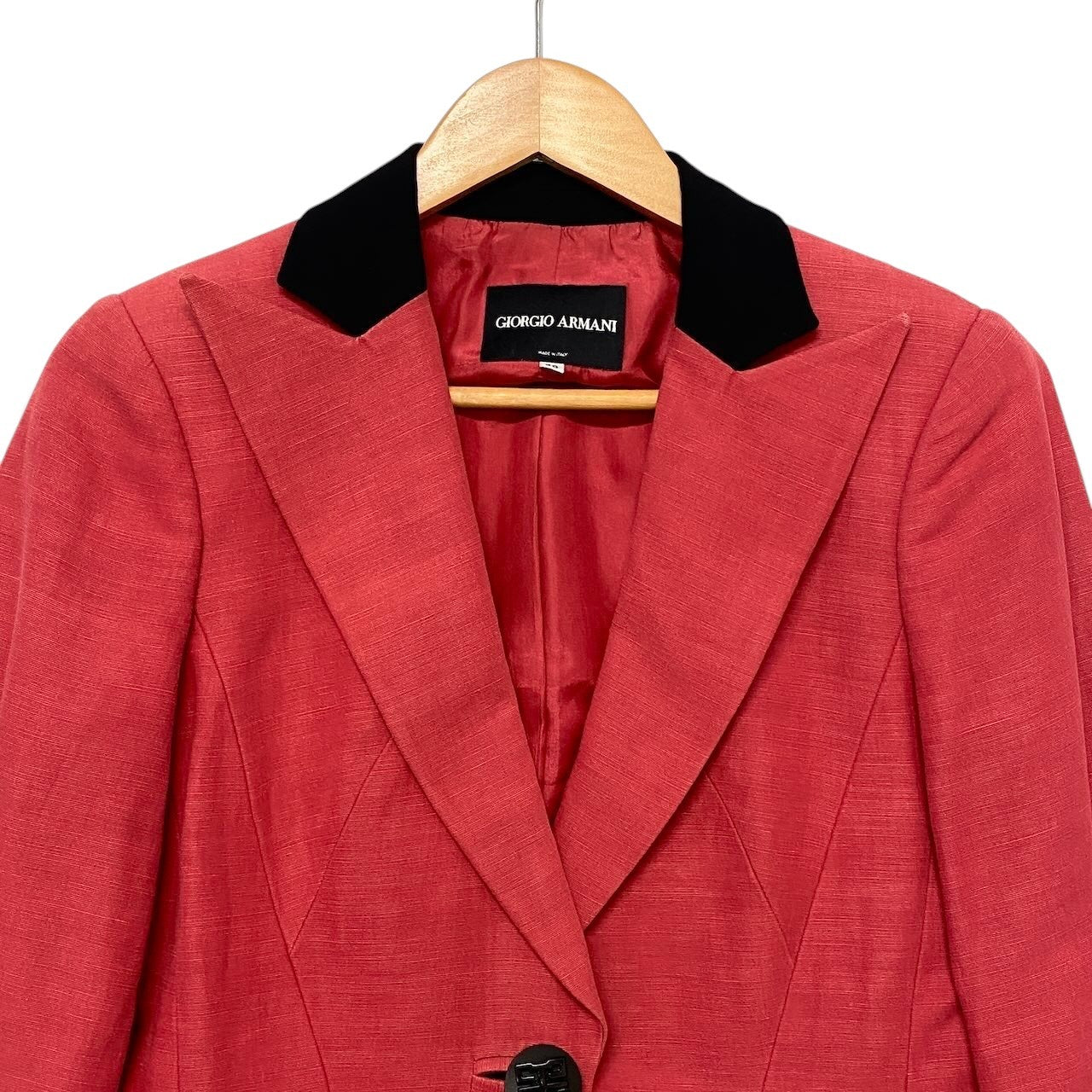 62i1 GIORGIO ARMANI ジョルジオアルマーニ テーラードジャケット コットンリネン混 バイカラー サイズ38 レッド ブラック レディースu02t