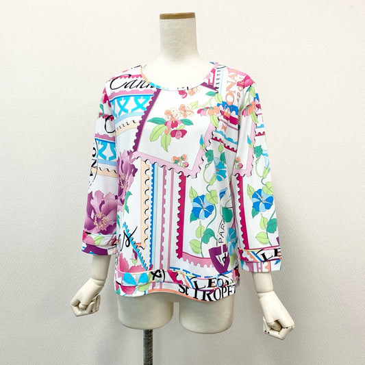 67g21-3 《美品》 LEONARD レオナール 7分袖 Tシャツ カットソー トップス 美しい花柄プリント 手洗い可能 サイズ42 マルチカラー ポリエステル レディース 日本製