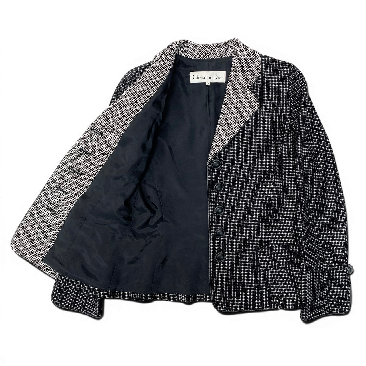 62e12 Christian Dior クリスチャンディオール テーラードジャケット  レザーパイピング チェック柄 総柄 サイズ9 ブラック ホワイト レディース 女性用o07t