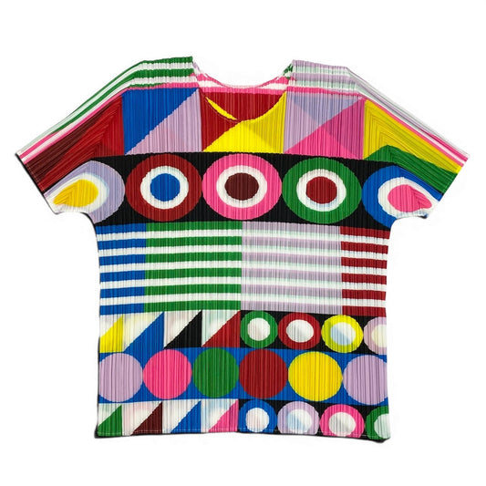 Ad18 【美品】PLEATS PLEASE プリーツプリーズ プリーツカットソー 半袖Tシャツ 幾何学模様 トップス PP71-JK576 3サイズ マルチカラー ポリエステル10％ レディース 女性用u02t