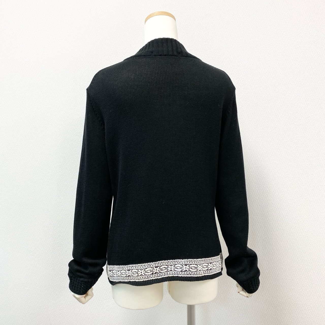 59k1 LEONARD FASHION レオナール ファッション 花柄刺繍 ラインストーン ジップアップ ニットジャケット セーター 日本製 Lサイズ ブラック コットン シルク レディースo07t