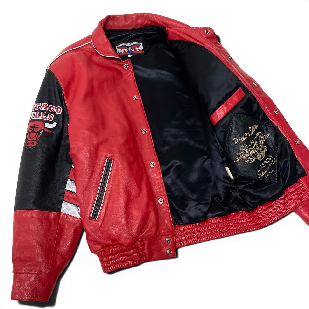 19g1 JEFF HAMILTON ジェフハミルトン NBA Chicago Bulls シカゴブルズ 3ピート記念 レザージャケット スタジャン 革ジャン USA製 Sサイズ レッド ホワイト レザー メンズ 男性用u02t