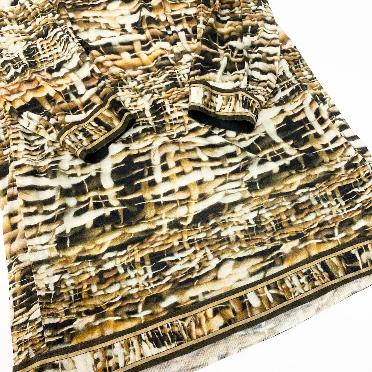 17d11 LEONARD PARIS レオナール ロングスリーブワンピース ボートネック 総柄プリント イタリア製 サイズ42 ブラウン系 レディース 女性用o07t
