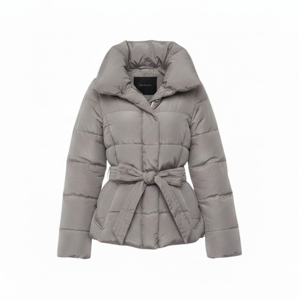 21g16 MaxMara WEEKEND LINE マックスマーラ ダウンジャケット ハーフコート ボリュームネック ベルト付 サイズ38 グレー系 レディース 女性用u02t