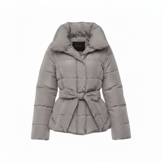 21g16 MaxMara WEEKEND LINE マックスマーラ ダウンジャケット ハーフコート ボリュームネック ベルト付 サイズ38 グレー系 レディース 女性用u02t