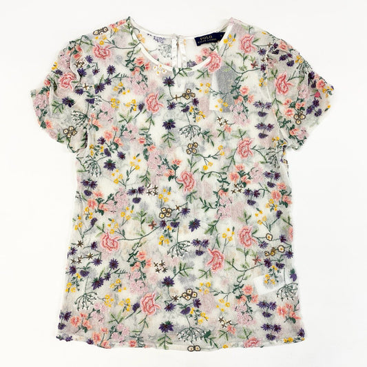 65d30 《新品タグ付き》 POLO RALPH LAUREN ポロ ラルフローレン 半袖レースカットソー Tシャツ トップス サイズM マルチカラー 花柄 コットン ナイロン レディース