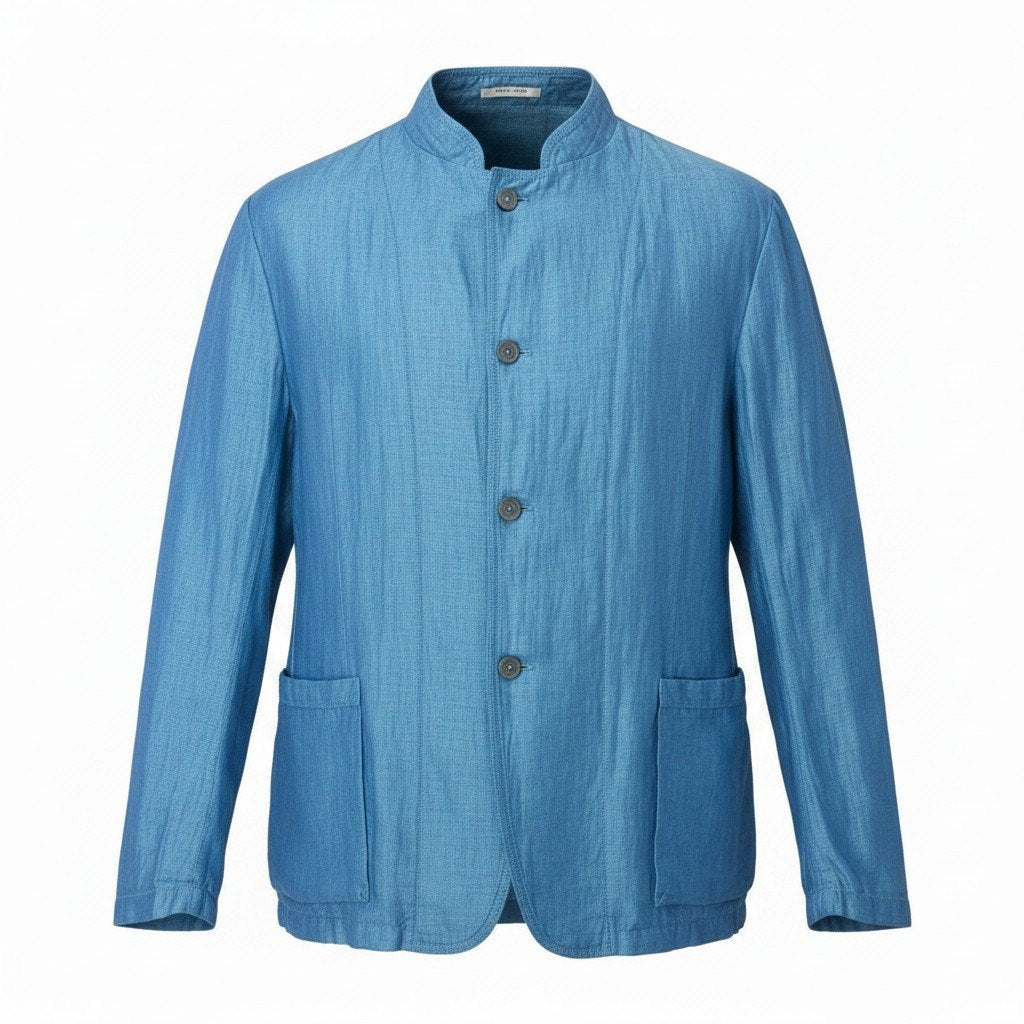 49g18 【美品】 ARMANI COLLEZIONI アルマーニコレツィオーネ スタンドカラージャケット EU54 ブルー系 コットン/リネン/シルク メンズ 紳士服u02t
