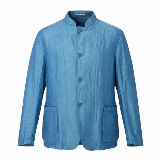 49g18 【美品】 ARMANI COLLEZIONI アルマーニコレツィオーネ スタンドカラージャケット EU54 ブルー系 コットン/リネン/シルク メンズ 紳士服u02t
