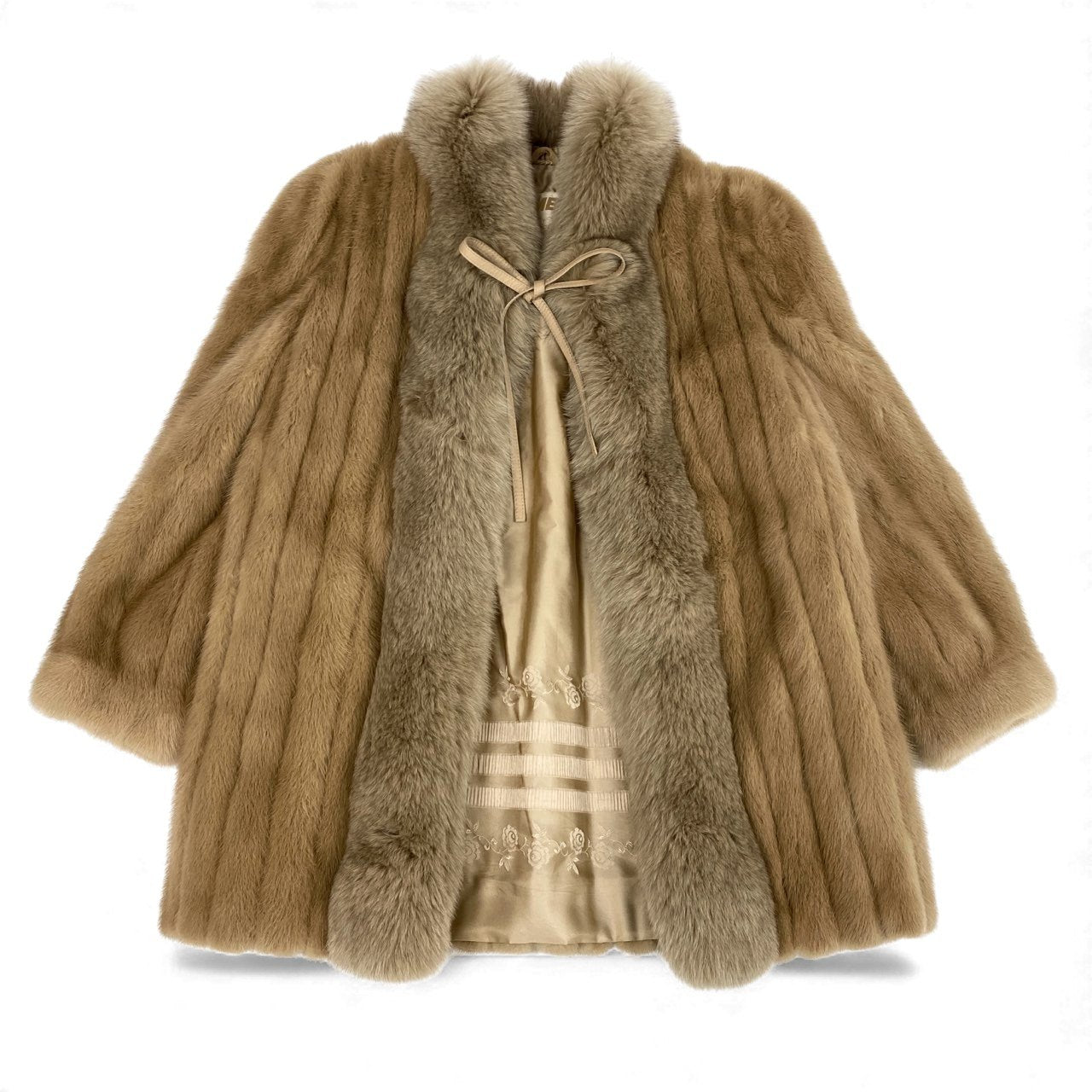 25L5 EMBA エンバ パステルミンク × フォックスファー ロングコート サイズF ベージュ 最高級本毛皮 レアデザイン MINK FOX FURt18r
