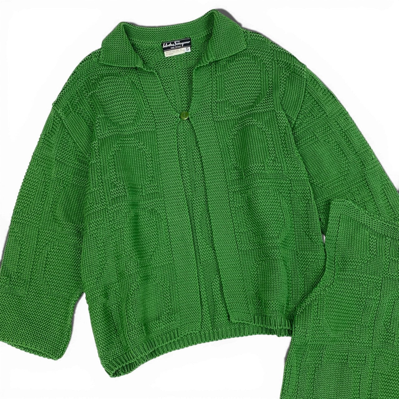 Ab13【美品】Salvatore Ferragamo サルバトーレフェラガモ ヴィンテージ ガンチーニ ニットアンサンブル Vintage Gancini  Knit 2-Piece Set Mサイズ グリーン コットン100％ レディース 女性用ta1